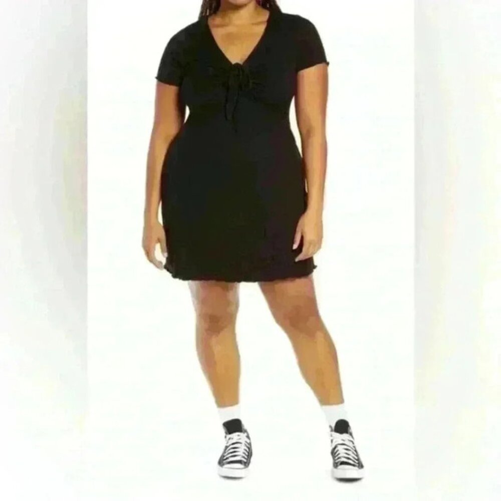 BP. Tie Front Lettuce Edge Rib Dress in Black - Size 2X (NWT)
